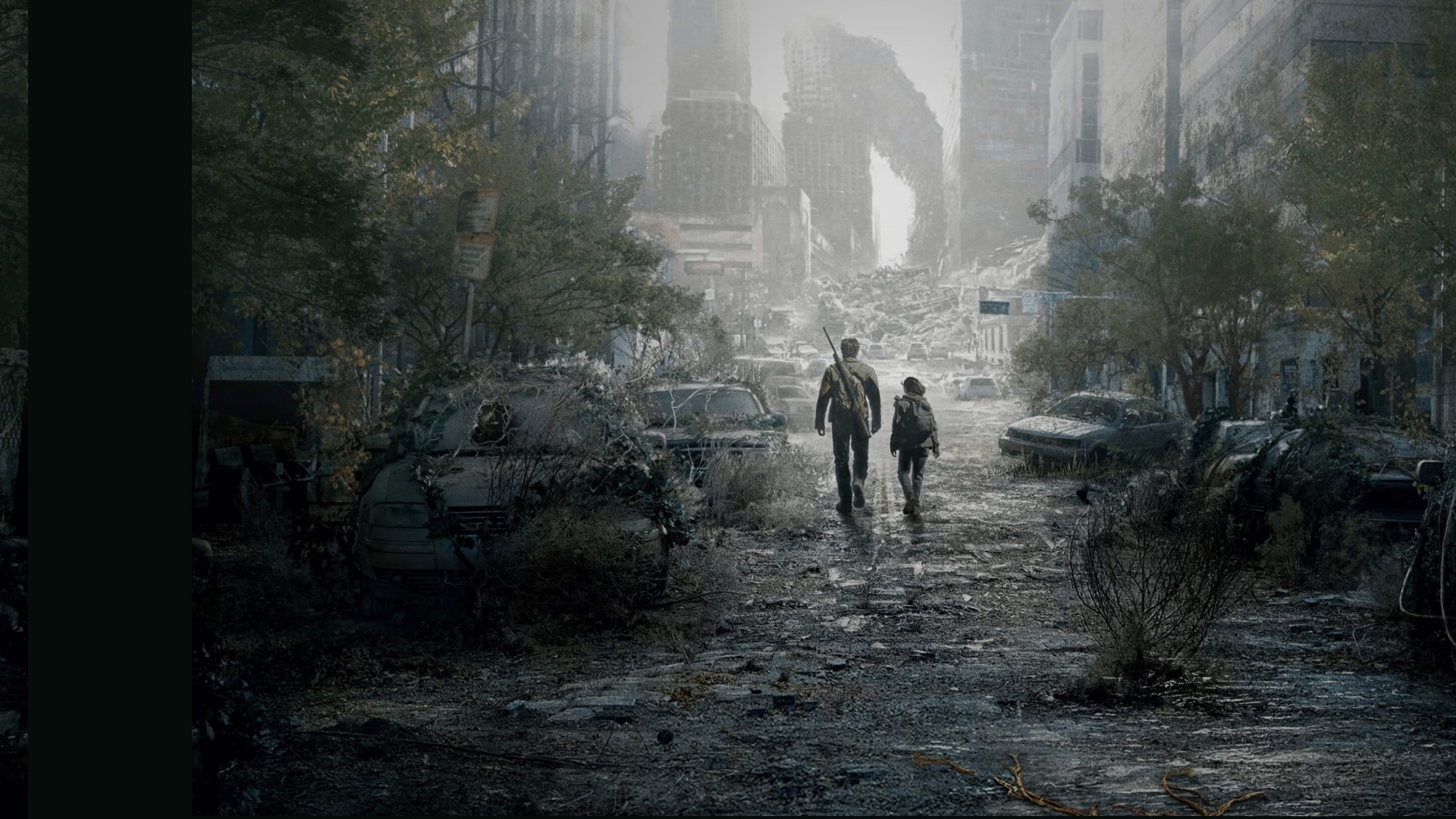 Ellie e Joel caminhando  em uma cidada destruida